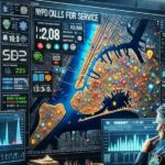 Data analyticsl image showcasing NYPD calls for service exploratory data analysis. The image includes a large computer screen displaying a colorful and detailed map